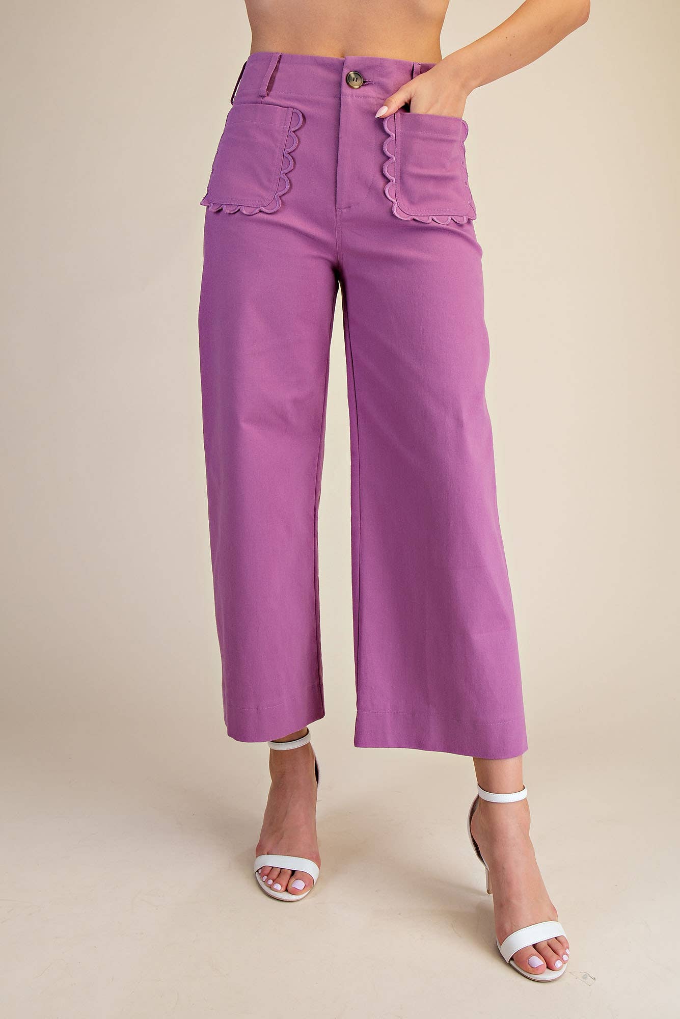 Pants Wide-Leg Cropped With Scalloped Pocket Detail Cotton Blend