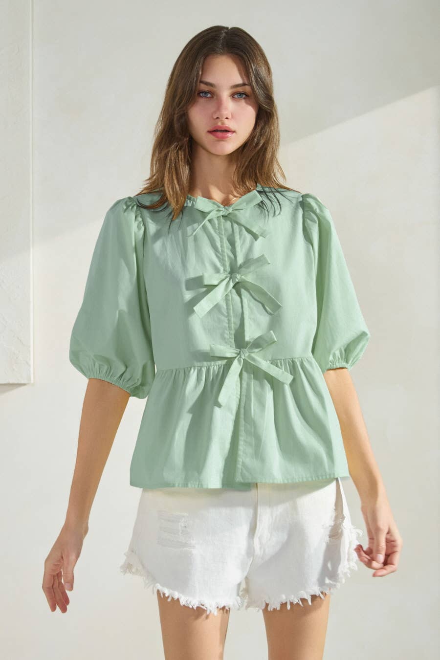 Poplin Front Tie Ribbon Peplum, Modest Puff Sleeve