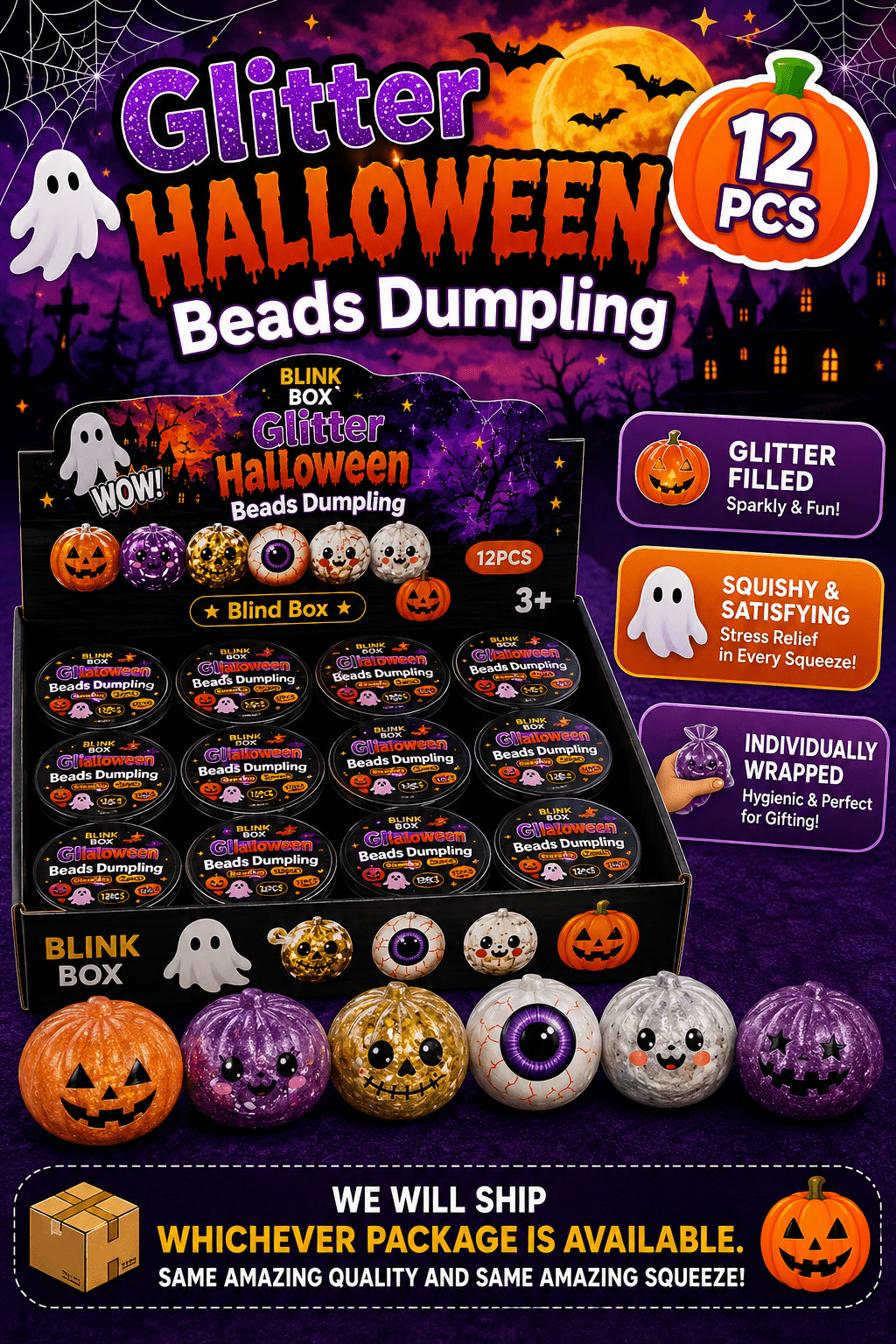 Glitter Halloween Beads Dumpling Individually Shrink-Wrapped - The Sensory