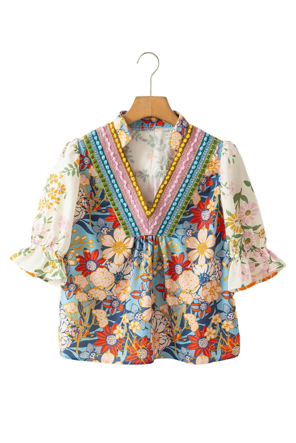 The Sensory Crochet V-Neck Half-Sleeve Boho Floral Blouse - Multicolor