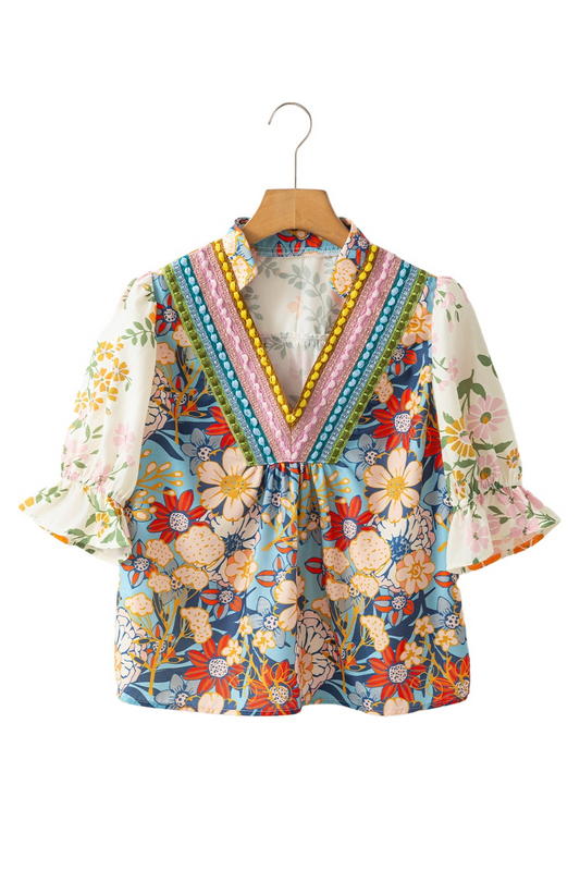 The Sensory Crochet V-Neck Half-Sleeve Boho Floral Blouse - Multicolor