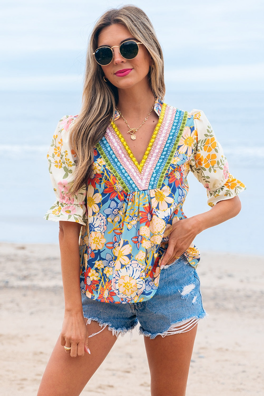 The Sensory Crochet V-Neck Half-Sleeve Boho Floral Blouse - Multicolor