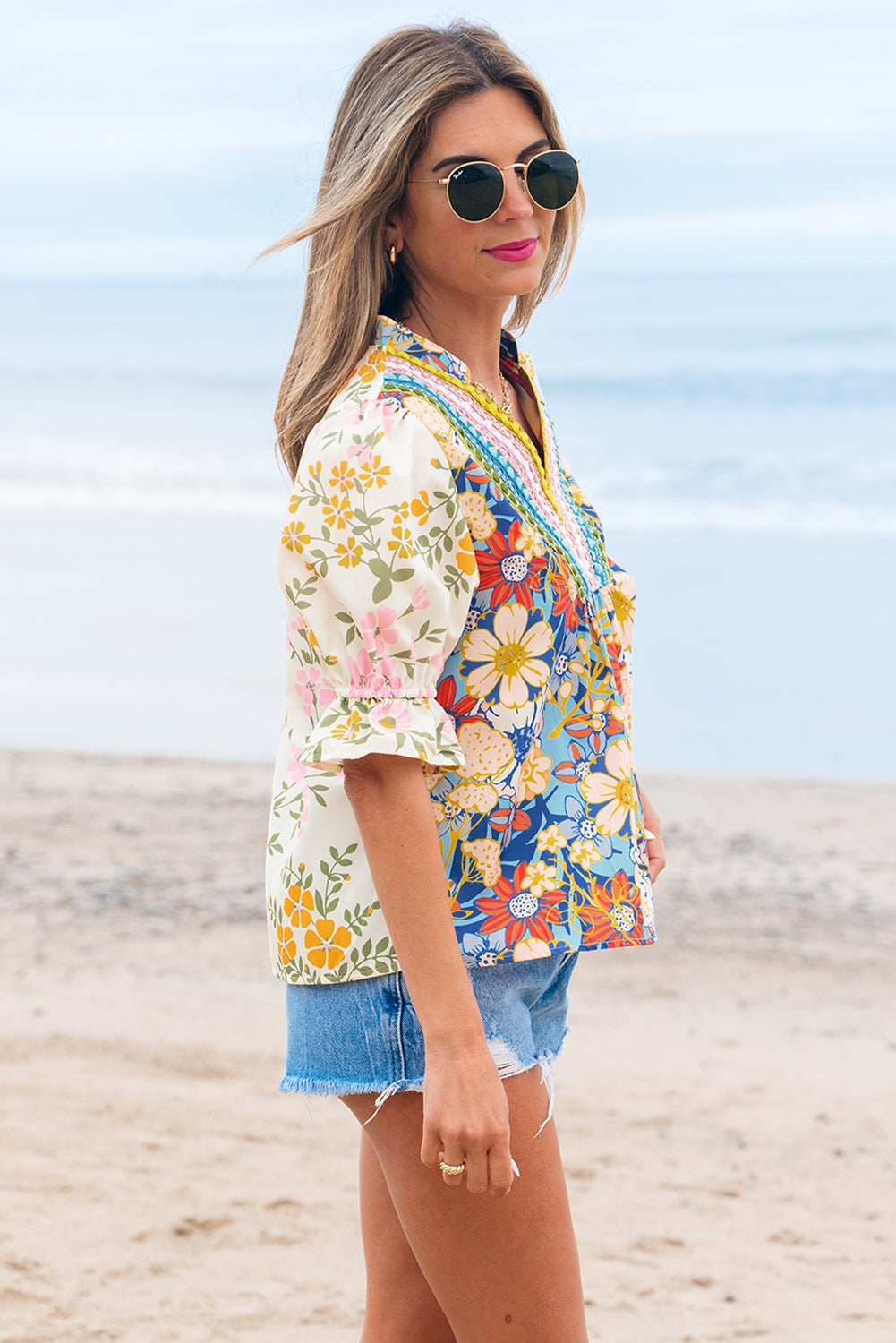 The Sensory Crochet V-Neck Half-Sleeve Boho Floral Blouse - Multicolor