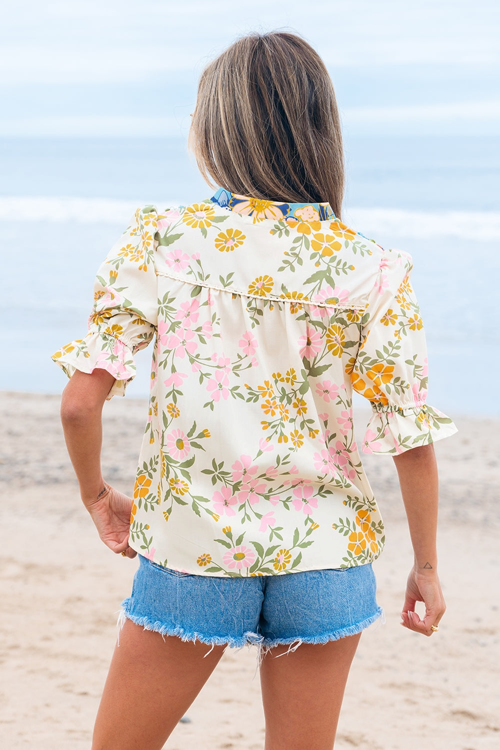 The Sensory Crochet V-Neck Half-Sleeve Boho Floral Blouse - Multicolor