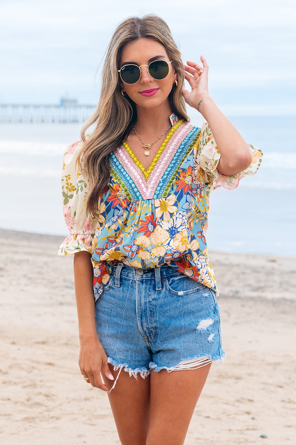 The Sensory Crochet V-Neck Half-Sleeve Boho Floral Blouse - Multicolor