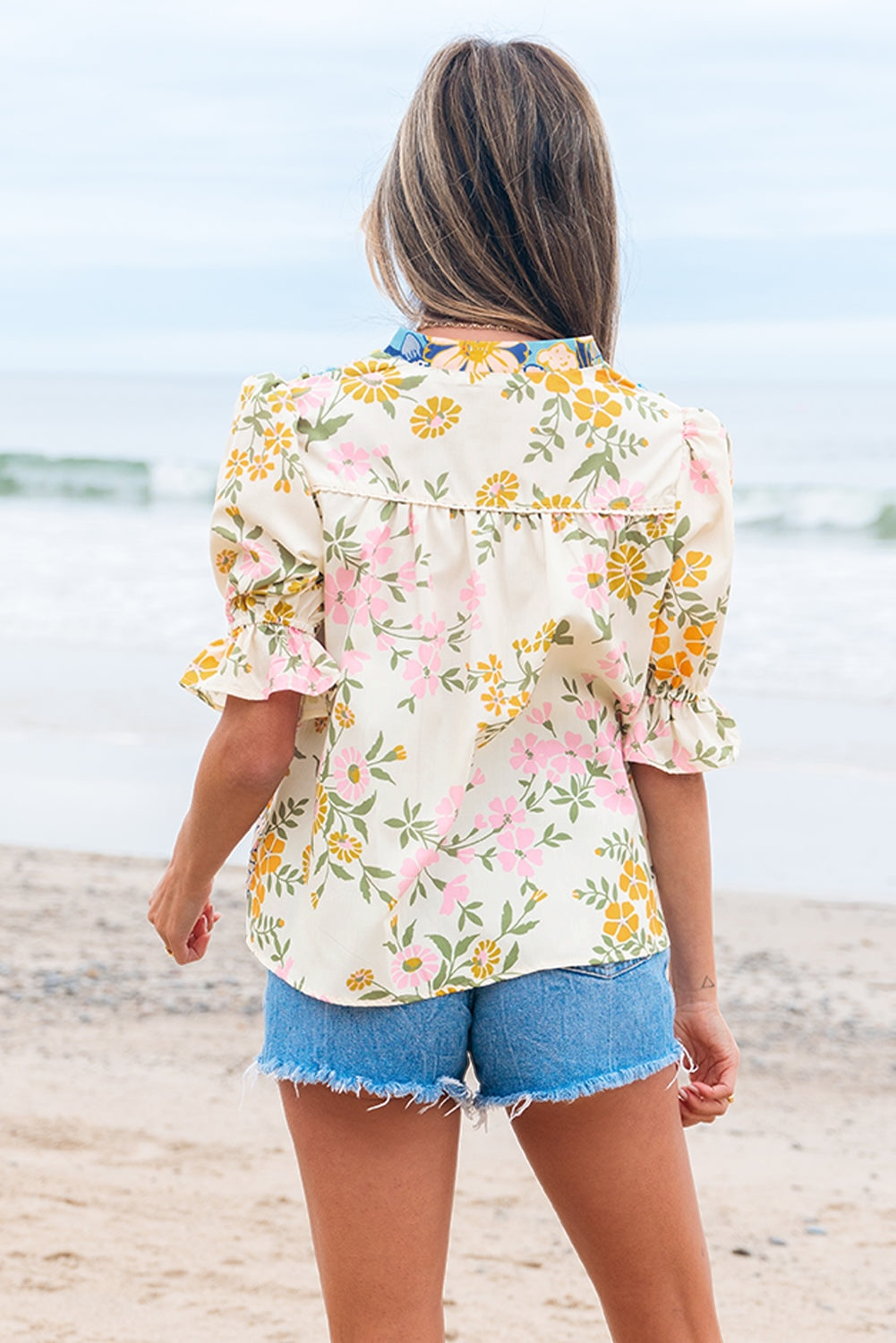 The Sensory Crochet V-Neck Half-Sleeve Boho Floral Blouse - Multicolor