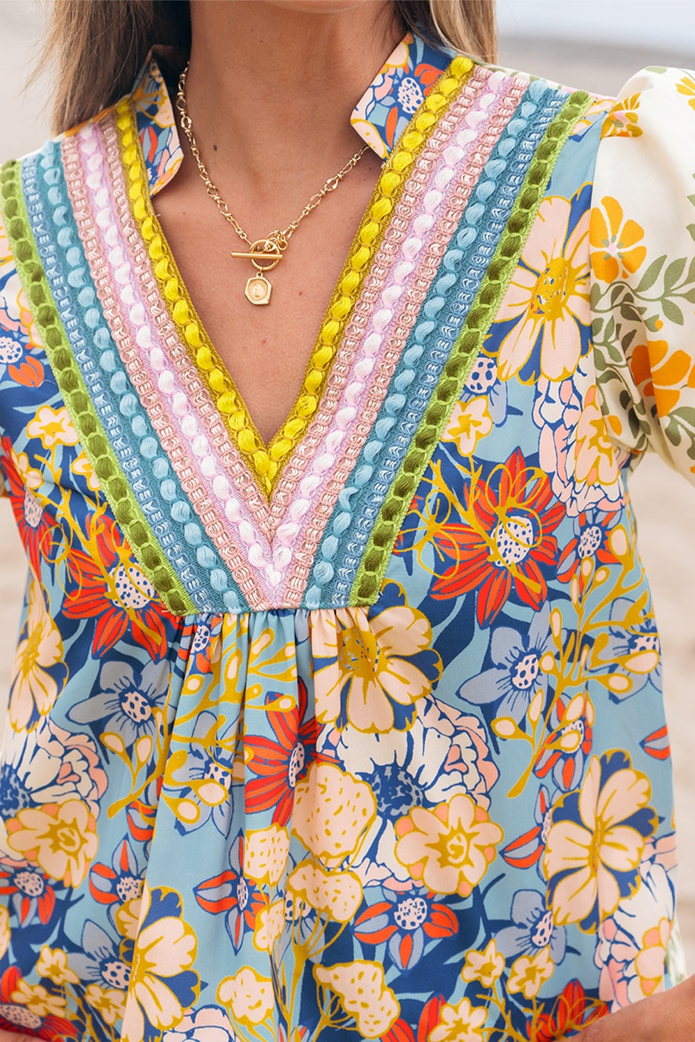 The Sensory Crochet V-Neck Half-Sleeve Boho Floral Blouse - Multicolor
