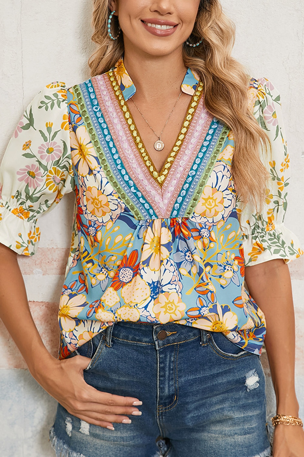 The Sensory Crochet V-Neck Half-Sleeve Boho Floral Blouse - Multicolor