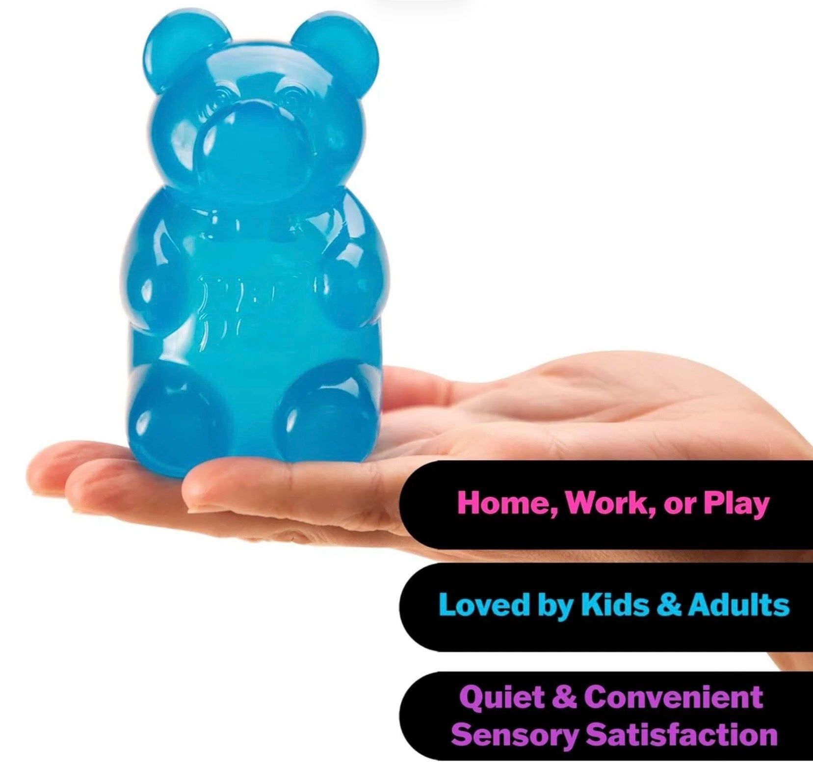 Le Sage May Schylling NeeDoh blue translucent gummy bear sensory fidget toy held in a palm for stress relief
