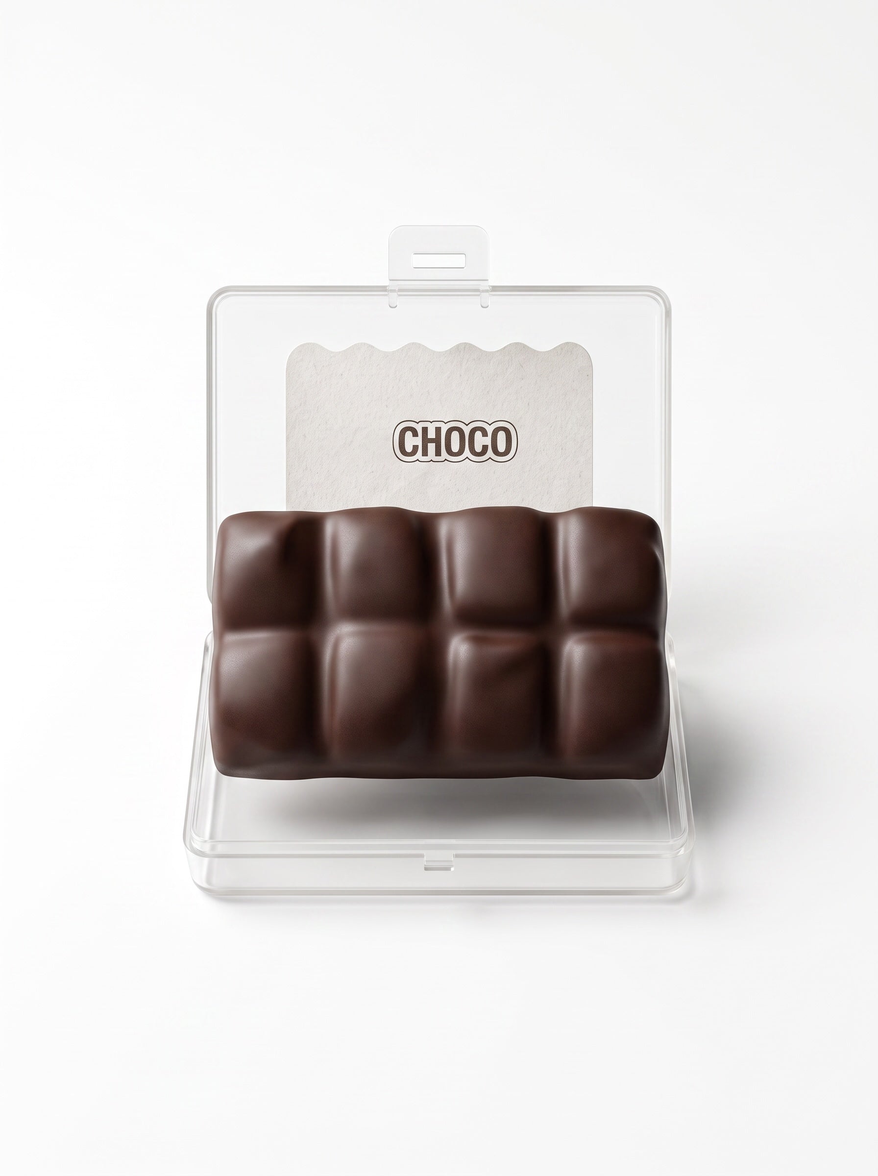 Le Sage May dark chocolate bar squishy toy in a clear plastic storage case on a white background.