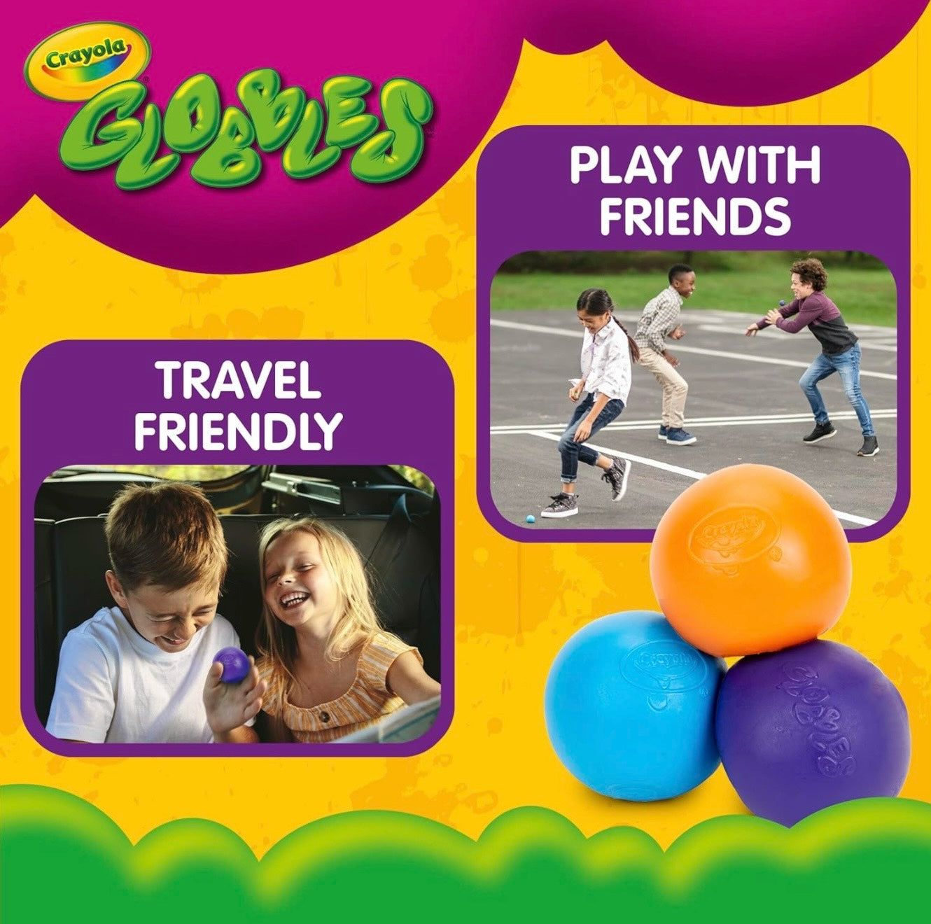 Le Sage May Crayola Globbles sensory fidget balls in orange, blue, and purple, shown with children playing outdoors.