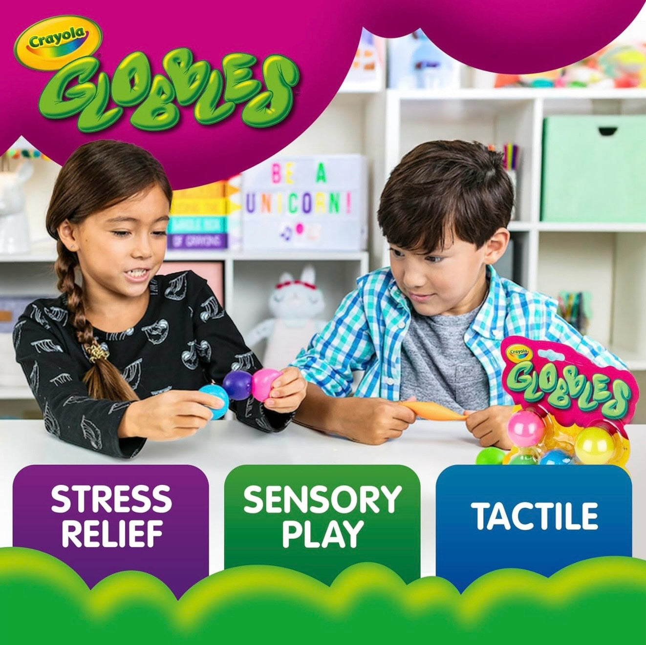 Le Sage May Crayola Globbles sensory fidget toy set being played with by two children at a table