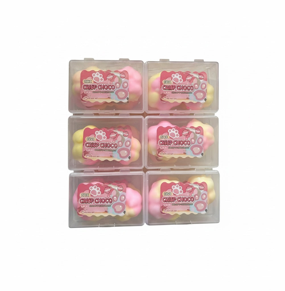Le Sage May decorative faux chocolate paw-shaped squishy toys in clear plastic storage cases for stress relief.