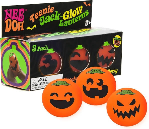 Le Sage May Nee Doh Teenie Jack-Glow Lanterns 3-pack of orange pumpkin-shaped glow-in-the-dark sensory stress balls