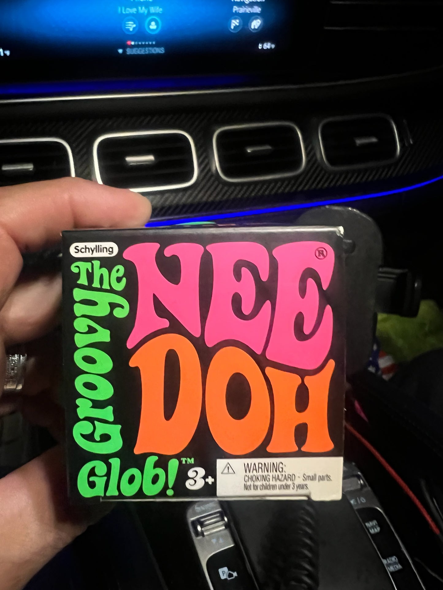 Le Sage May Schylling The Groovy Nee Doh Glob stress ball toy in its black box with pink and orange retro typography