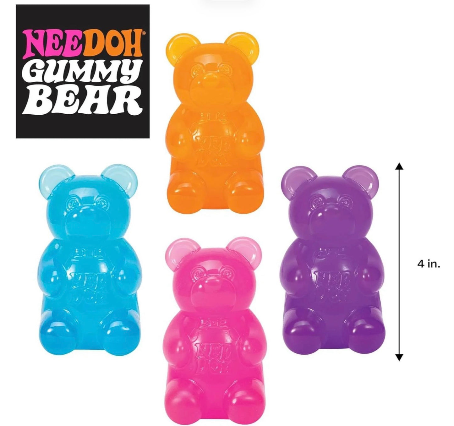 Le Sage May Schylling NeeDoh Gummy Bear sensory fidget toys in translucent orange, blue, pink, and purple colors.