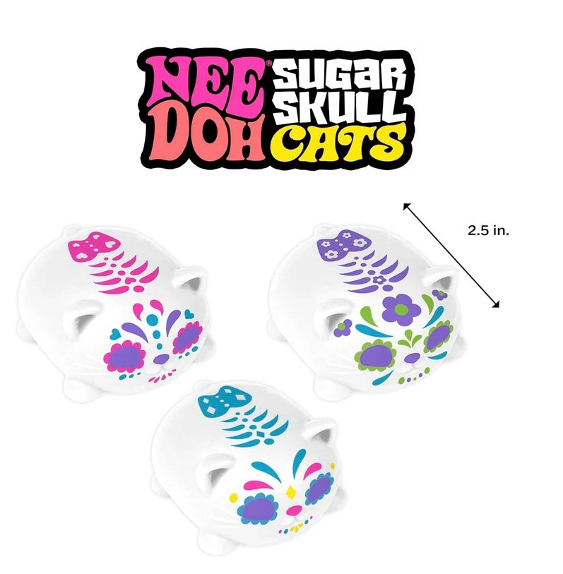 Le Sage May NeeDoh Sugar Skull Cat sensory fidget toys with colorful floral and skeletal patterns on white squishy bodies.