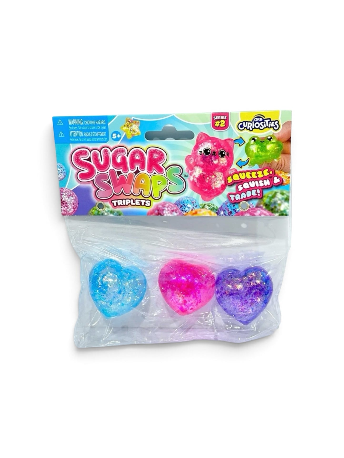 Le Sage May Sugar Swaps Triplets set of three glittery heart-shaped squishy toys in blue, pink, and purple.