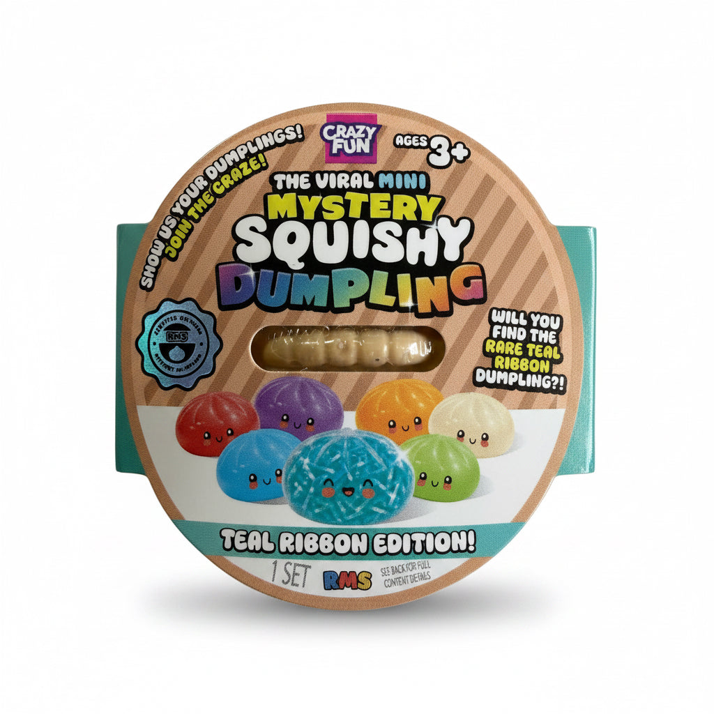 The Sensory Mini Mystery Squishy Dumpling collectible toy in round cardboard packaging with colorful dumpling art.